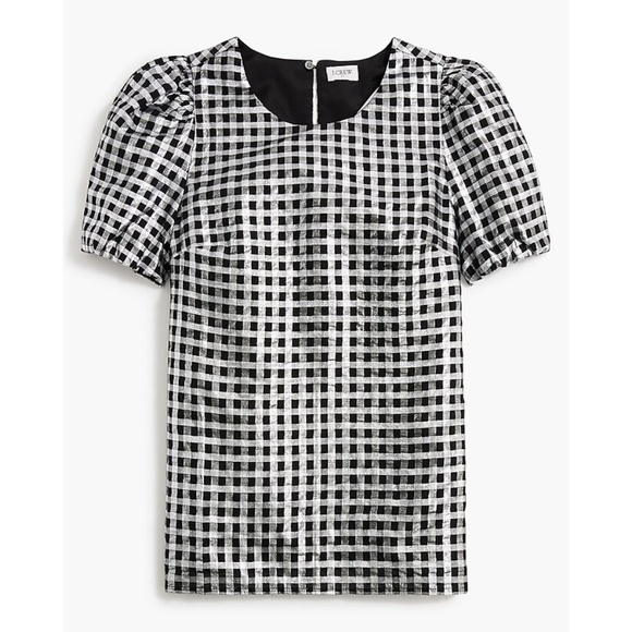 J.Crew Sz M Gingham Metallic Puff Sleeve Blouse Top Lined Round Neck Pullover - Picture 1 of 8